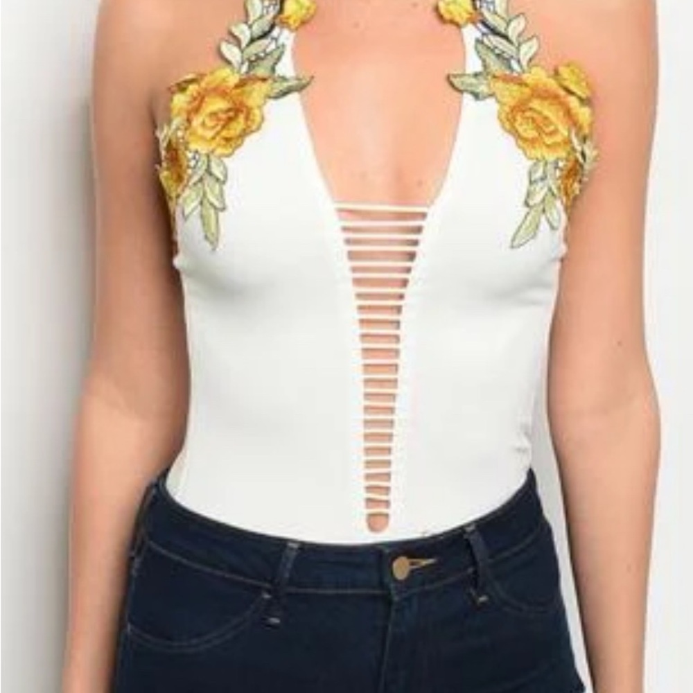 White Sleeveless Bodysuit with Yellow Embellishments